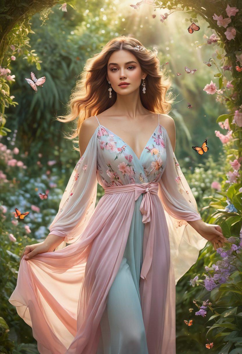 An elegant woman with flowing hair adorned with delicate floral accessories, standing amidst a lush garden bathed in soft sunlight. She wears a flowing, pastel-colored dress that glimmers with subtle sparkles. Surround her with butterflies and blooming flowers to evoke a sense of enchantment. The background features a dreamy, hazy atmosphere to enhance the feminine allure. vibrant colors. super-realistic.