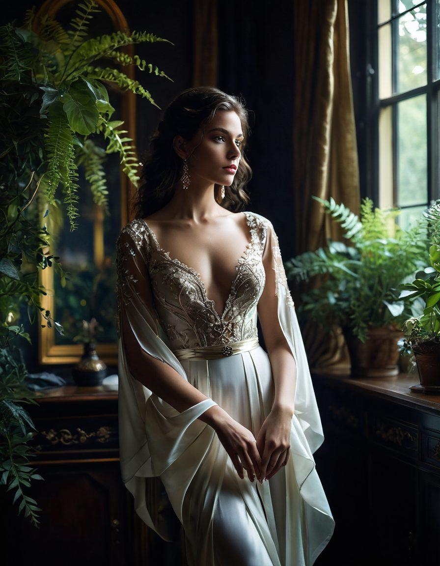 An enchanting woman with an air of mystery, adorned in elegant, flowing attire that subtly accentuates her curves. She is standing in a dimly lit, atmospheric room filled with soft glows and gentle shadows, her captivating eyes drawing viewers in. Lush plants and soft fabrics surround her, enhancing the allure of her presence. The scene emits an inviting warmth, beckoning curiosity and intrigue. super-realistic. moody lighting. vibrant colors.
