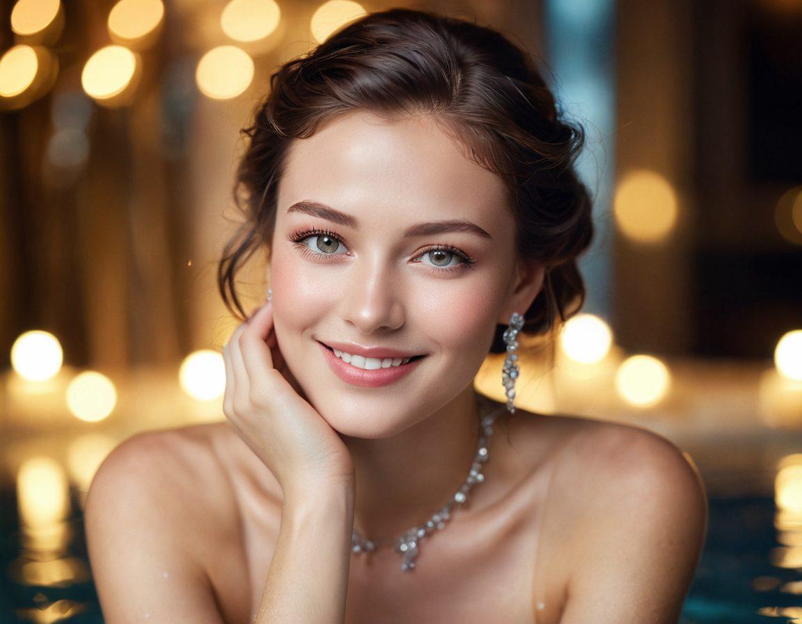 A luxurious, atmospheric close-up of a glamorous woman with captivating features, soft focus on her mysterious smile, adorned in an elegant gown that flows like water. Surround her with a dreamy, ethereal mist and subtle shimmering lights to enhance the allure. Include elements of beauty secrets hinted in the background, like delicate cosmetics and flowers. surrealistic. vibrant colors. soft lighting.